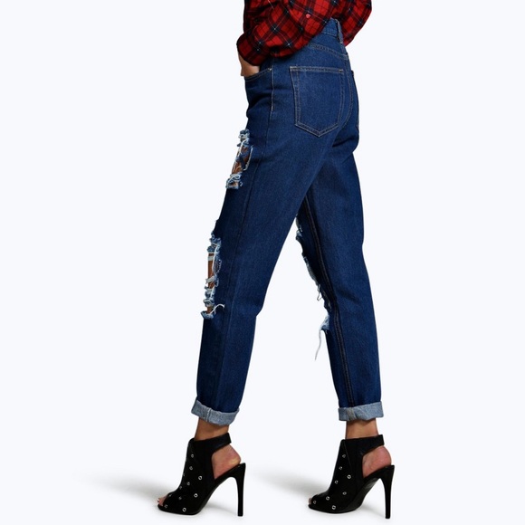 Distressed Mom Jeans Dark Blue - Picture 2 of 8